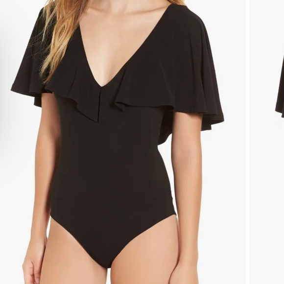 Leith Cape Overlay Bodysuit in Burgundy - Picture 2 of 5